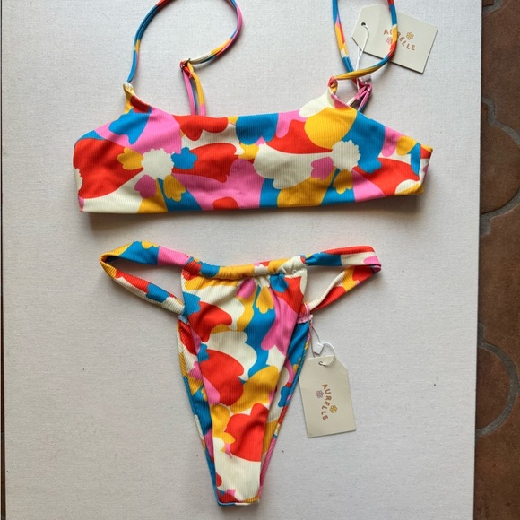 Aurelle Monaco Bikini Medium Bold Floral High Cut Two Piece Retro Swimwear - Picture 2 of 7